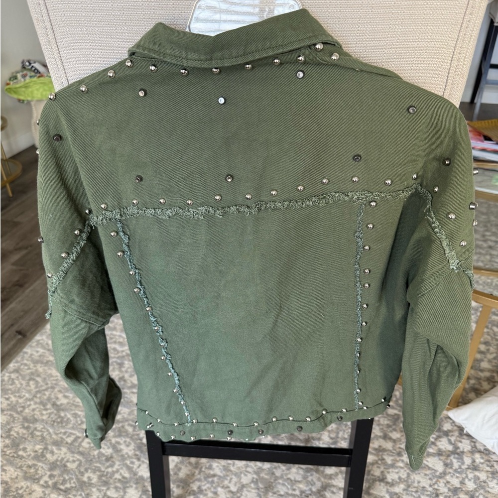 Hengsheng Jeans Olive Studded Cropped Jacket Boho Western Medium - Picture 6 of 7